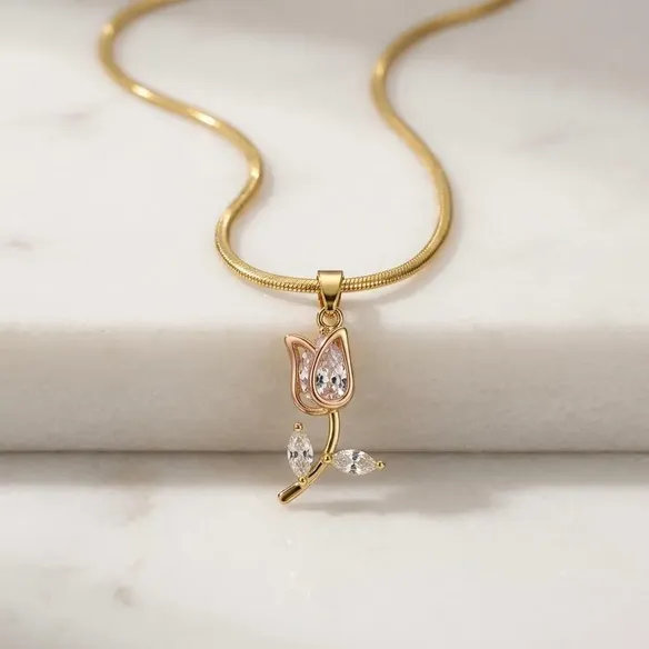 Anti tarnish necklace for women with tulip inspired floral pendant design