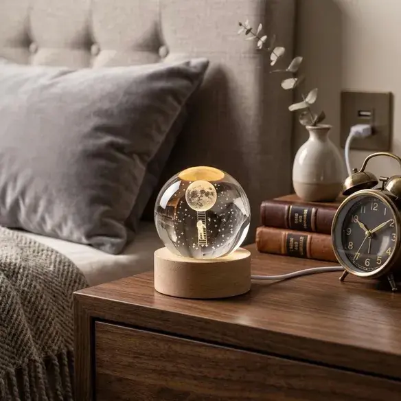 Why Crystal Night Lamps Are Becoming a Favourite Choice for Modern Home Decor 4 Crystal ball night lamp with moon and galaxy artwork