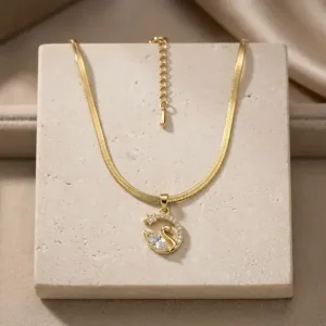 Home 11 Anti Tarnish Swan Pendant Necklace in Gold Tone with Herringbone Chain