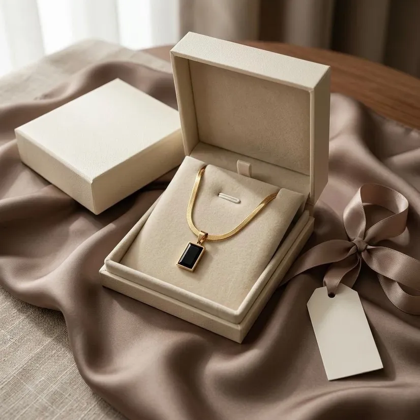 Gold Tone Pendant Necklace for Women with Black Pendant Detail