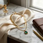 Layered Necklace for Women close-up showing geometric Green Pendant