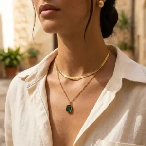 Layered Necklace for Women front view with Green Pendant and Gold Tone Finish