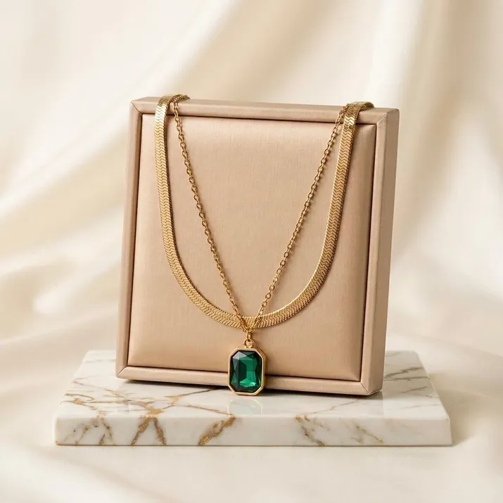 Layered Necklace for Women styled with Anti Tarnish Green Pendant