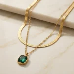Layered Necklace for Women with Anti Tarnish Gold Finish and Green Pendant