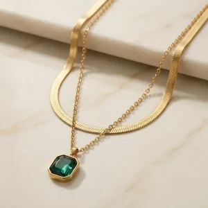 Home 7 Layered Necklace for Women with Anti Tarnish Gold Finish and Green Pendant