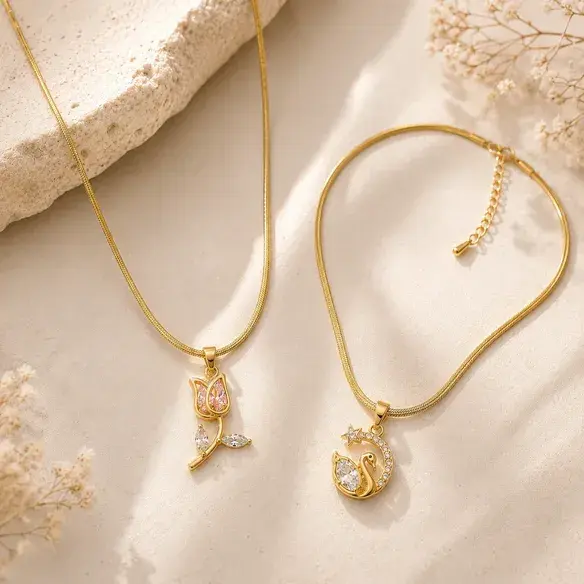 Pendant Necklace Combo for Women featuring Anti Tarnish Swan and Tulip Gold Tone Necklaces