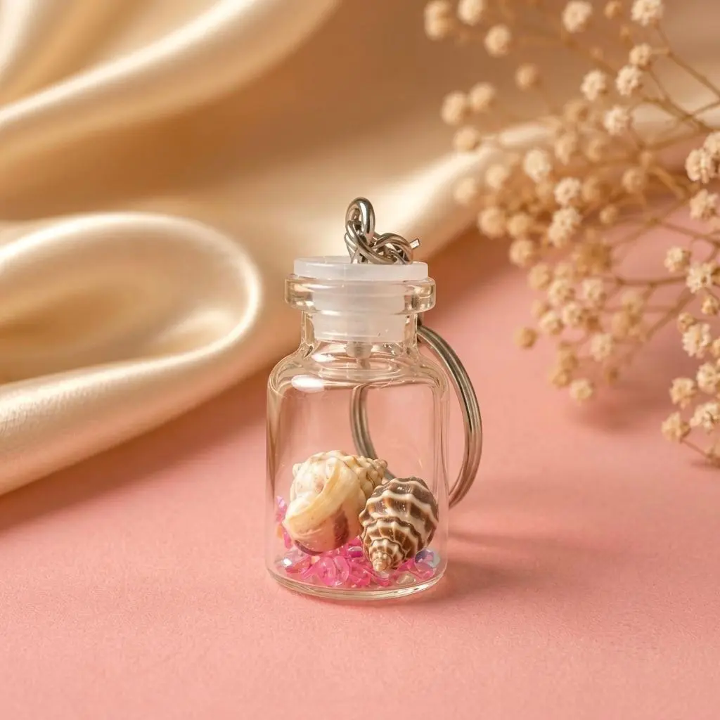 Beach themed Mini Seashell Bottle Keychain with ocean inspired design