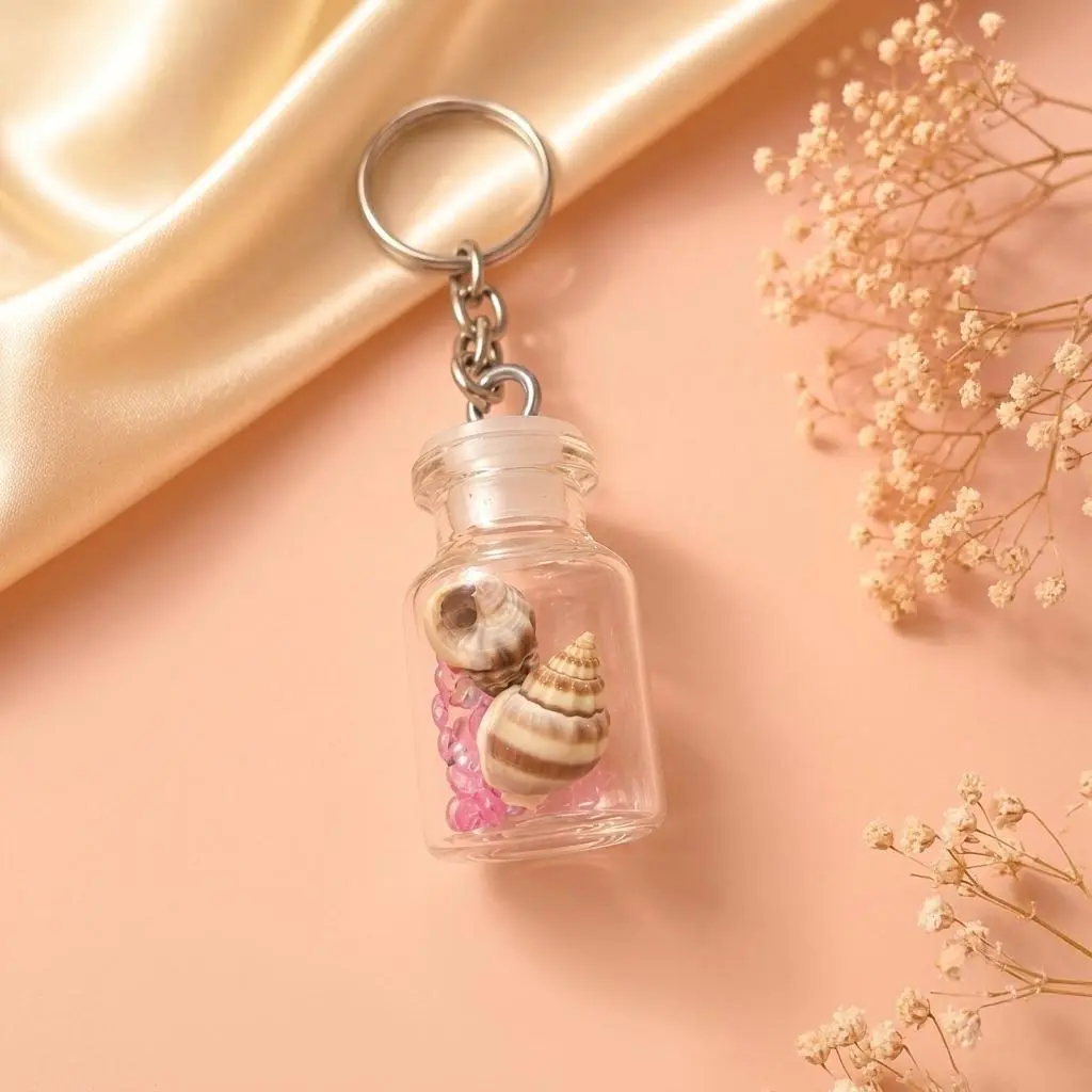 Mini Seashell Bottle Keychain close-up showing miniature seashell details