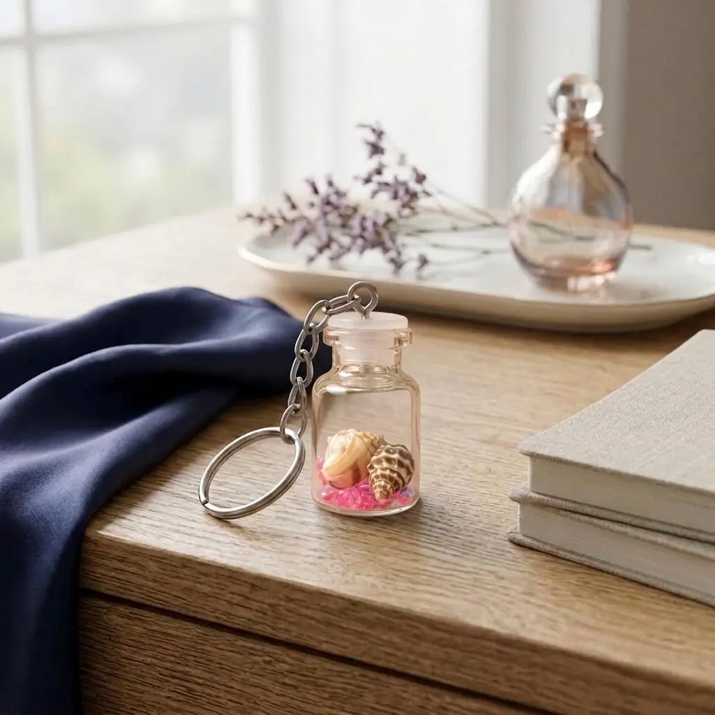 Mini Seashell Bottle Keychain dimensions showing 9 cm height and 2.2 cm width