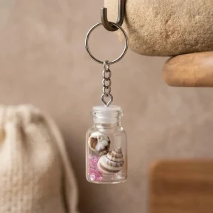 Home 3 Mini Seashell Bottle Keychain with clear glass bottle and metal chain